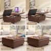Large Square Storage Stool With 2 Storage Doors, Footstool For Living Room Mid - Century Modern Coffee Table With Nailhead Inlay - Brown - Image 4