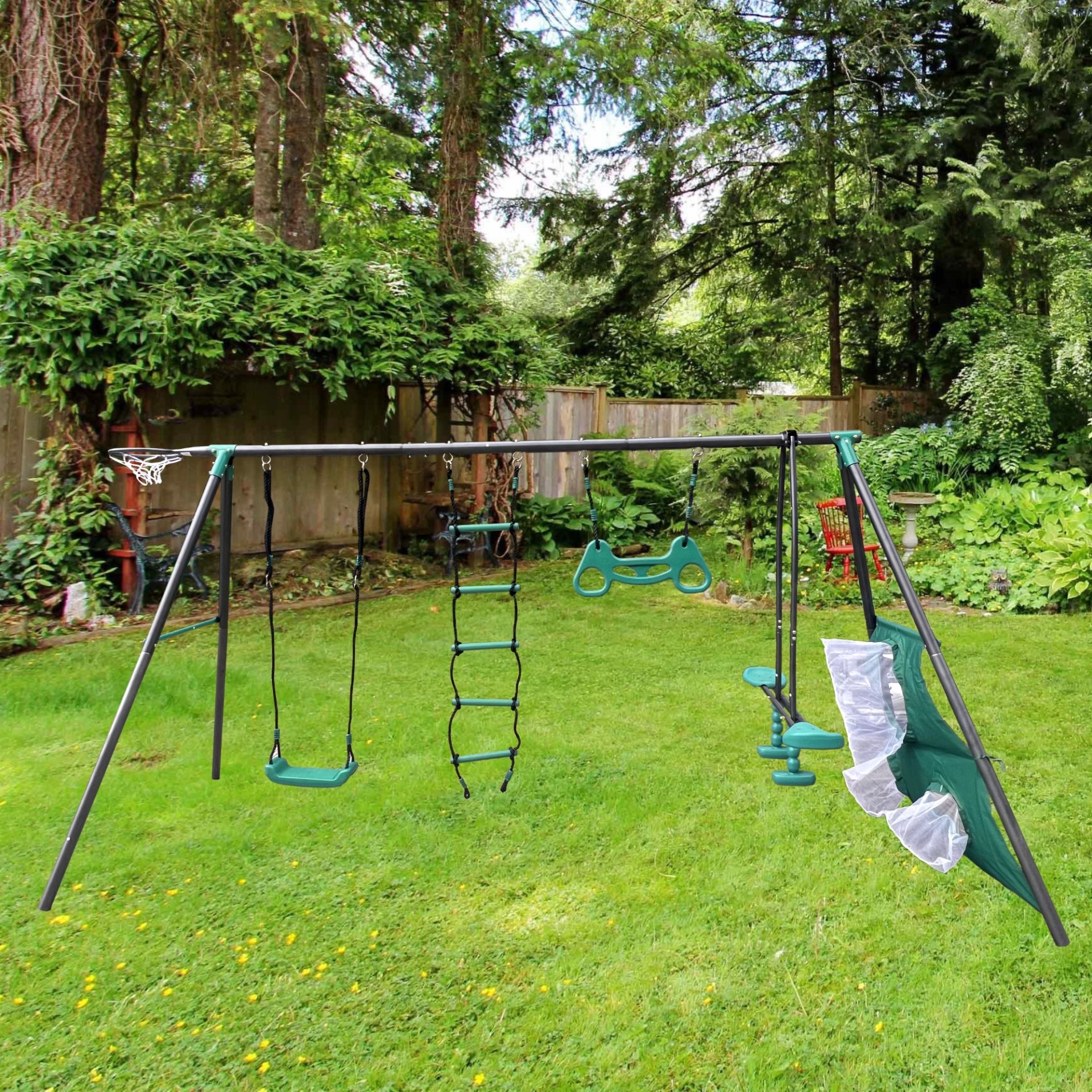 Interesting Four Function Swingset With Face To Face Metal Plastic Safe Swing Seat 550Lbs For Outdoor Playground For Age 3+ - Blackish Green - Image 6