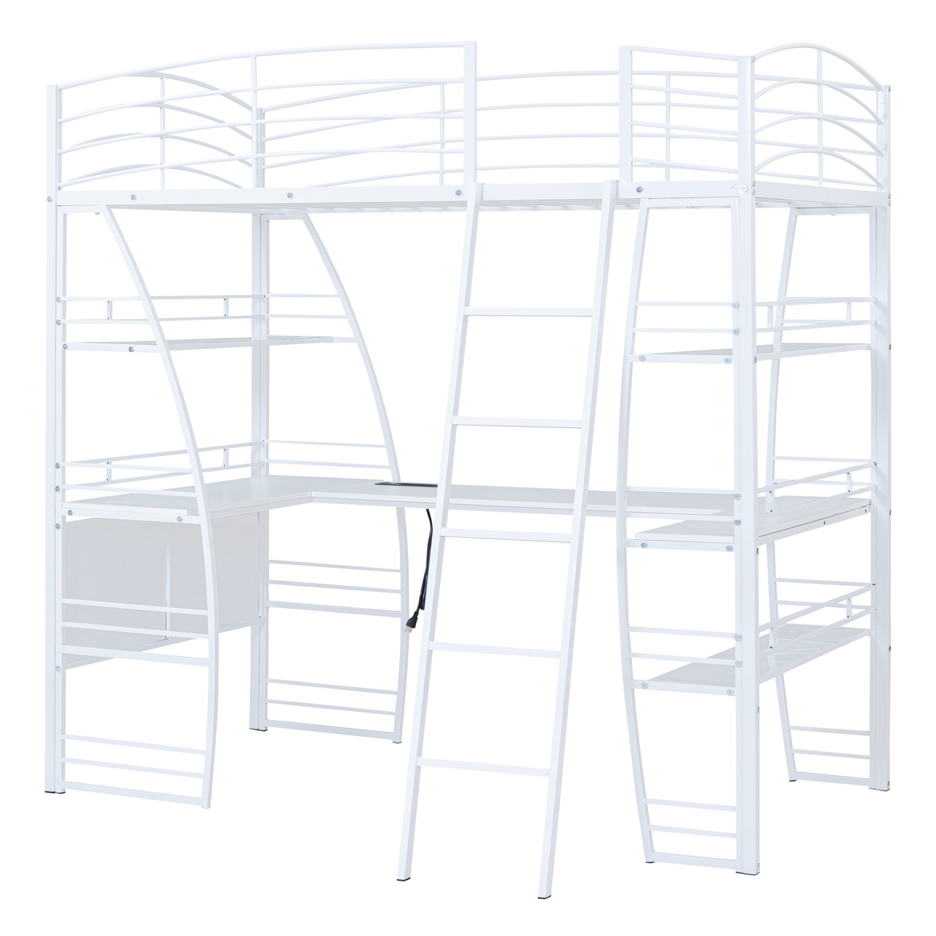 Twin Size Loft Bed With 4 Layers Of Shelves And L-Shaped Desk, Stylish Frame With A Set Of Sockets, USB Ports And And Wireless Charging - White - Image 4
