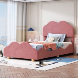 Twin Size Upholstered Platform Bed With Cloud Shaped Board - Dark Pink