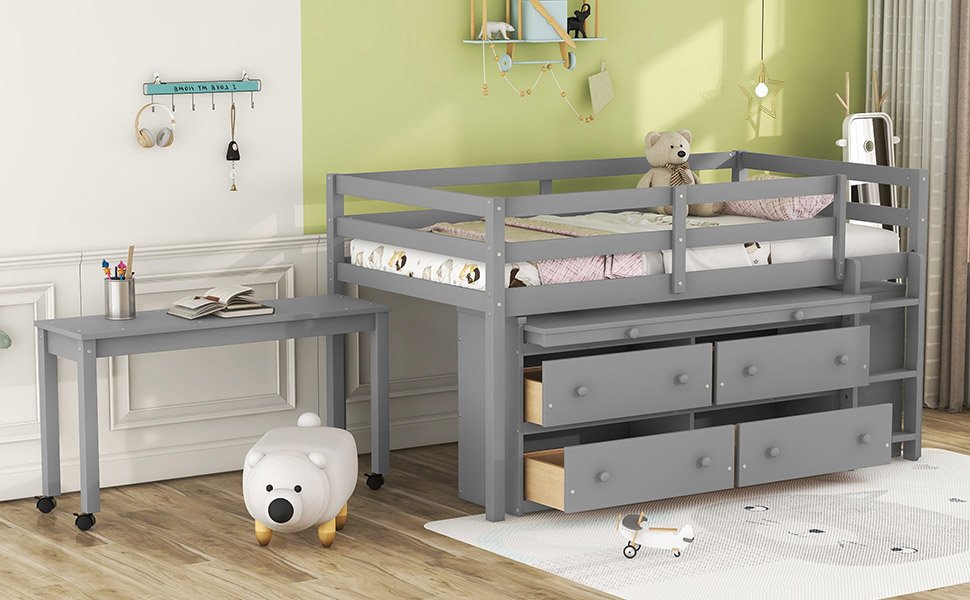 Twin Size Loft Bed With Retractable Writing Desk And 4 Drawers, With Lateral Portable Desk And Shelves - Gray - Image 24