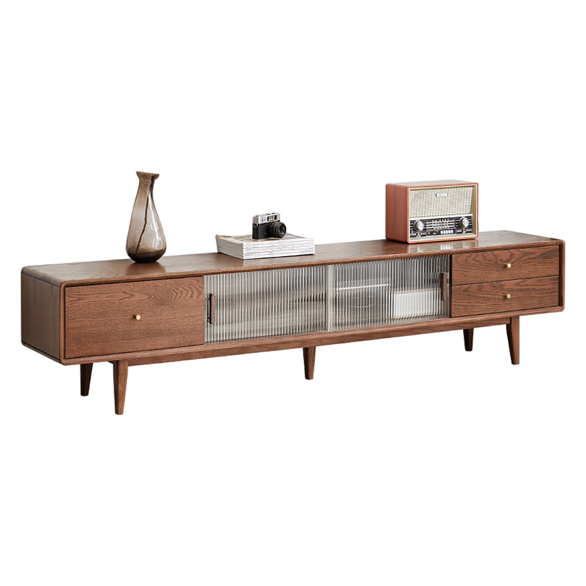 TV Cabinet With Chinese Changhong Glass Doors, Two Drawer Storage Space TV Standing - Walnut - Image 2