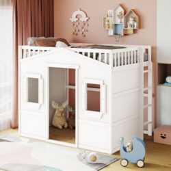 Full Size House Loft Bed With Ladder - White