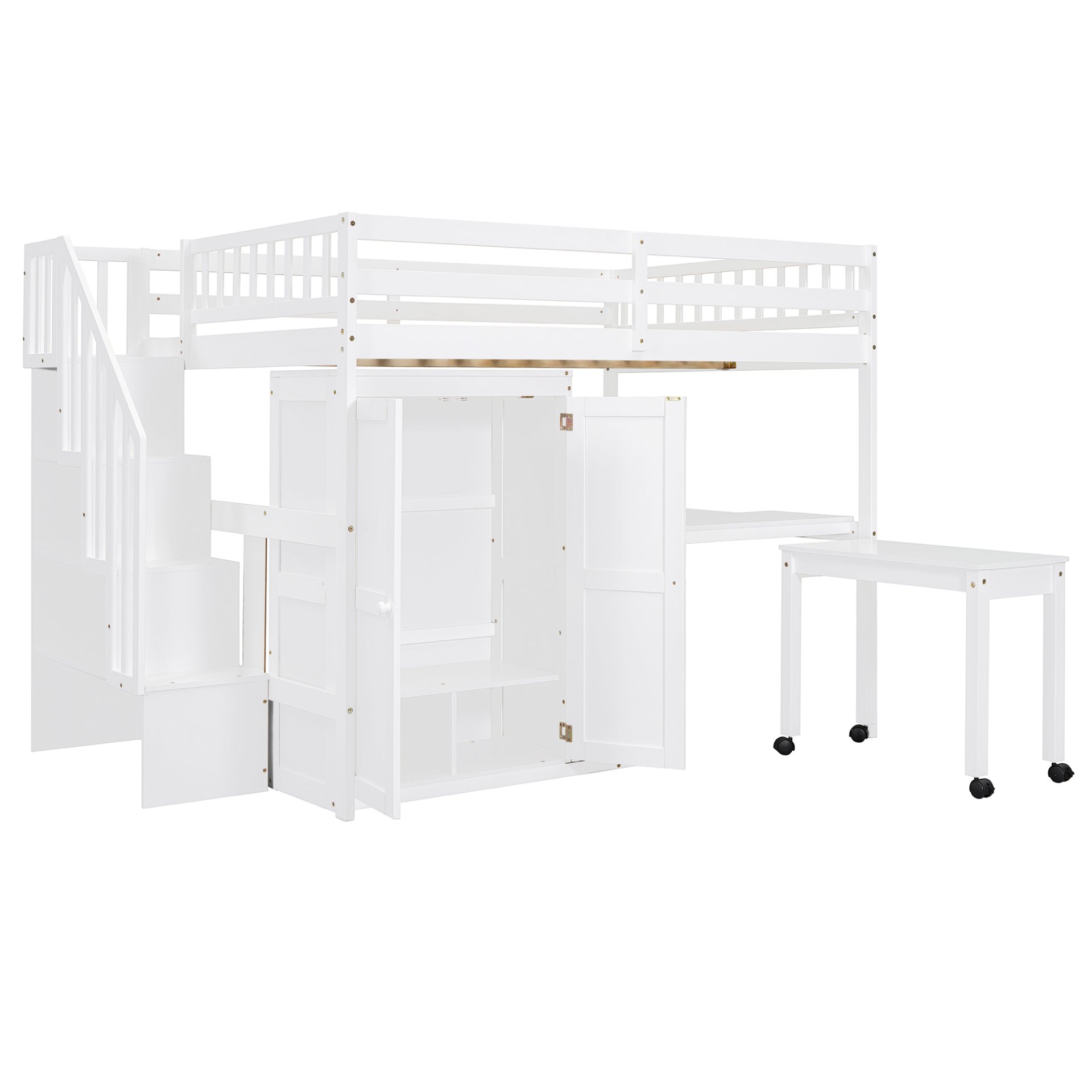Full Size Loft Bed With Stairs, Bookshelf, Drawers, Desk & Wardrobe, Space Saving Multifunctional Furniture - White - Image 13