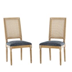 Vintage Inspired French Country Dining Chairs (Set of 2) With Cane Backrest & Upholstered Seats - Rustic Weathered