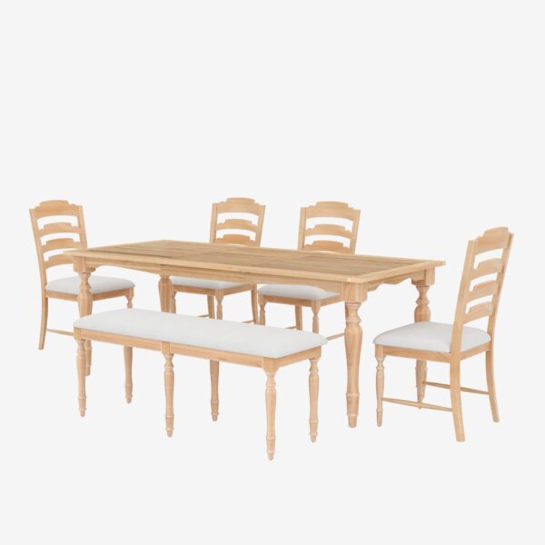 Topmax - 6 Piece Vintage Traditional Extendable Dining Table Set With Removable Leaf, Upholstered Dining Bench And 4 Chairs For 6 - Natural