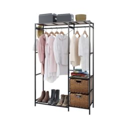 Vintage Garment Rack With Shelves, 2 Wicker Drawers & 4 Hooks, Heavy Duty Closet Organizer - Brown