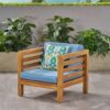 Outdoor Club Chair, Acacia Wood Patio Chair With Fabric Cushion For Backyard, Poolside, Garden Or Porch - Pecan / Blue - Image 4