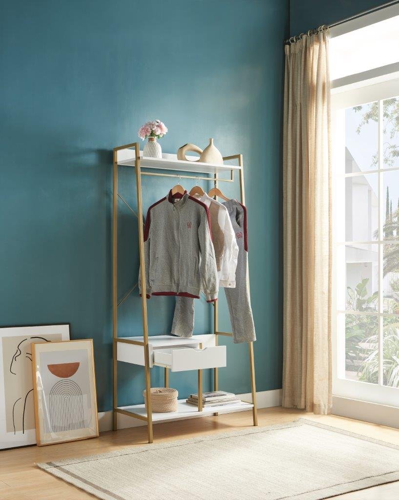Metal Clothes Rack Open Wardrobe Free Standing With One Drawer Hanging Clothes Rod - White / Gold Metal - Image 2