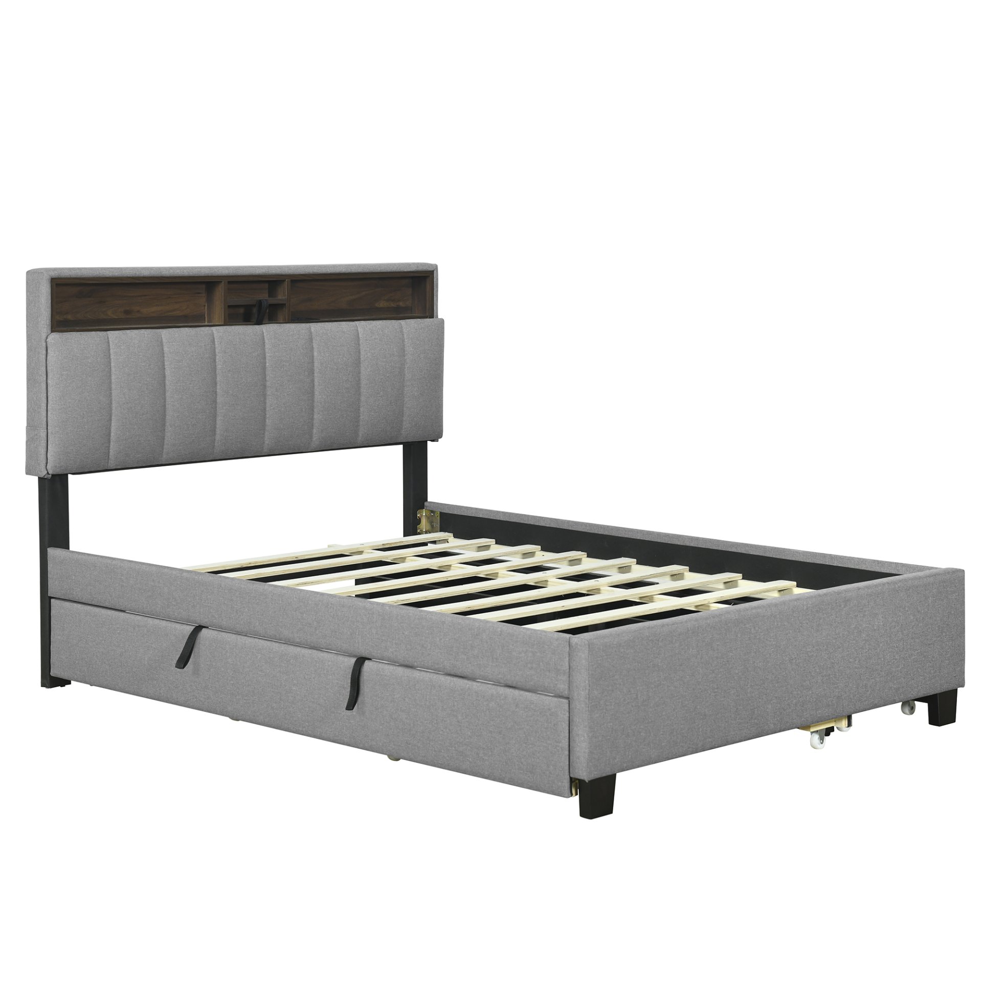 Full Size Upholstered Platform Bed With Storage Headboard, Twin Size Trundle & 2 Drawers And A Set Of Sockets & USB Ports - Gray - Image 7