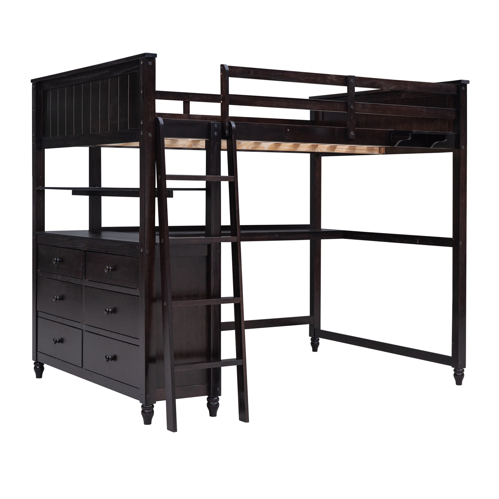 Full Size Loft Bed With Drawers And Desk With Shelves - Espresso - Image 3