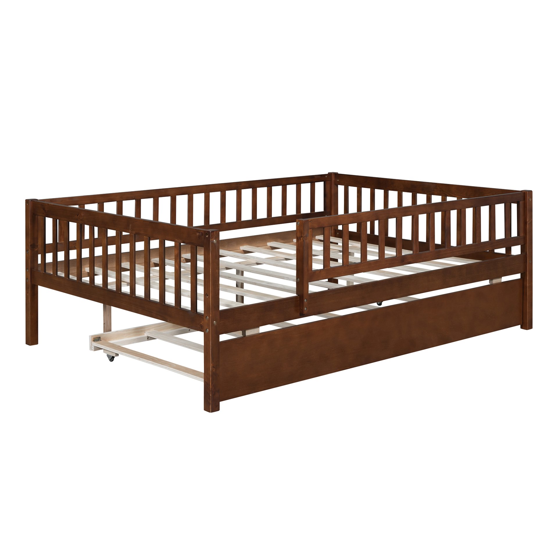 Full Size Daybed With Trundle And Fence Guardrails - Walnut - Image 4