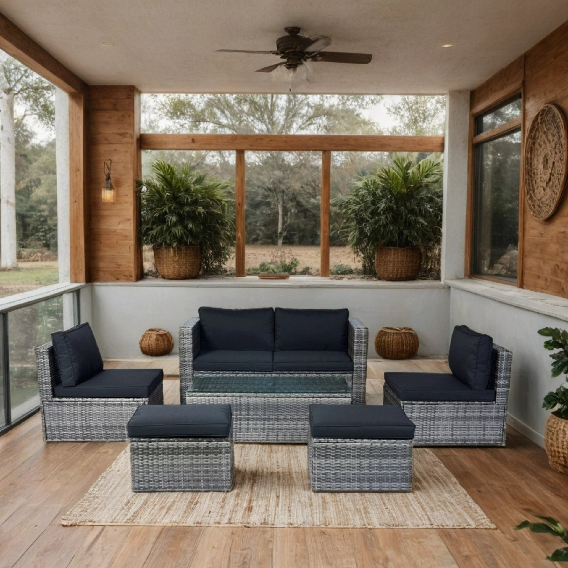 6 Piece Patio Wicker Sectional Set Patio Backyard Conversation Set Space Saving - Gray / Black - Image 8