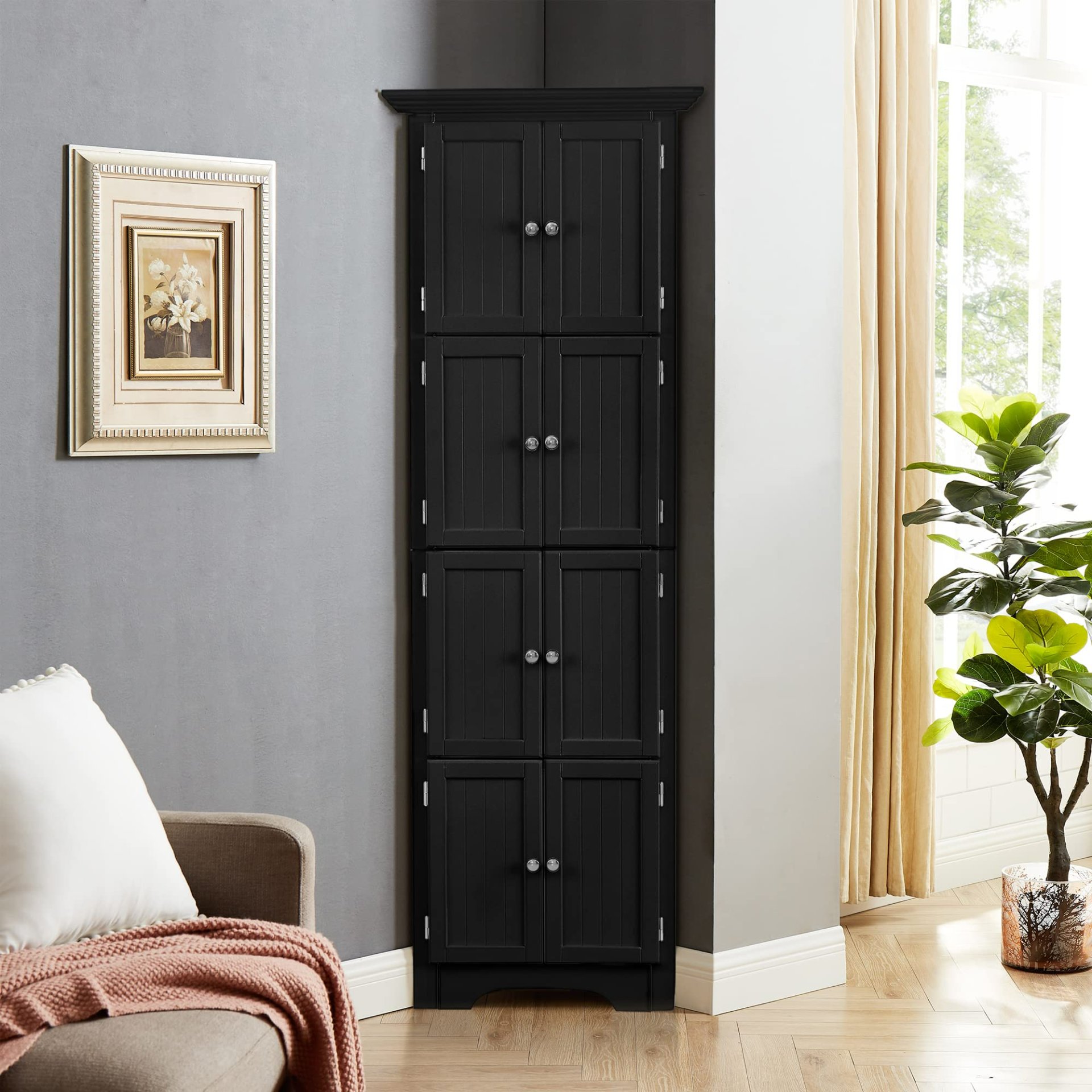 Tall Storage Cabinet With Doors And 4 Shelves For Living Room, Kitchen, Office, Bedroom, Bathroom, Modern - Black - Image 2