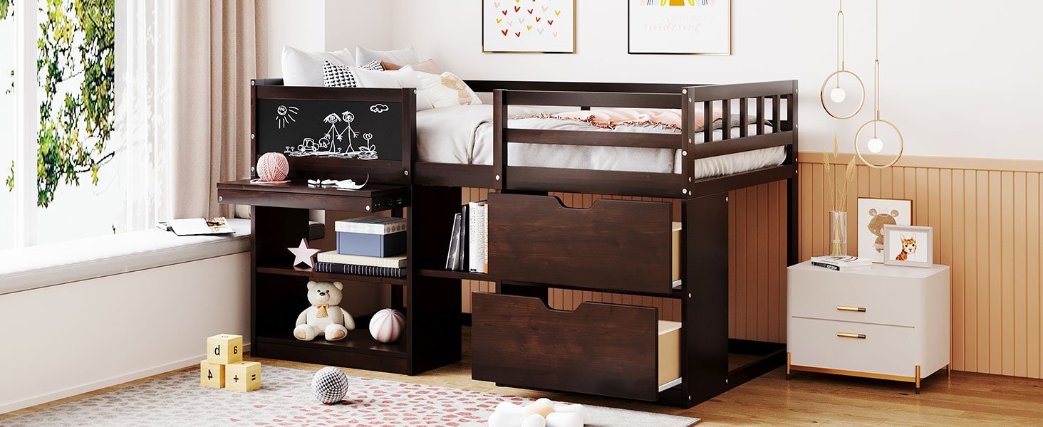 Twin Size Low Loft Bed With Rolling Desk, Shelf And Drawers - Espresso - Image 17