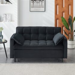 Modern Velvet Sofa, Sofa Pull-Out Bed, Small Love Seat Casual Sofa With Back, With Pillow, Pockets, Living Room Furniture, 3 In 1 Convertible Sleep Sofa Bed - Black