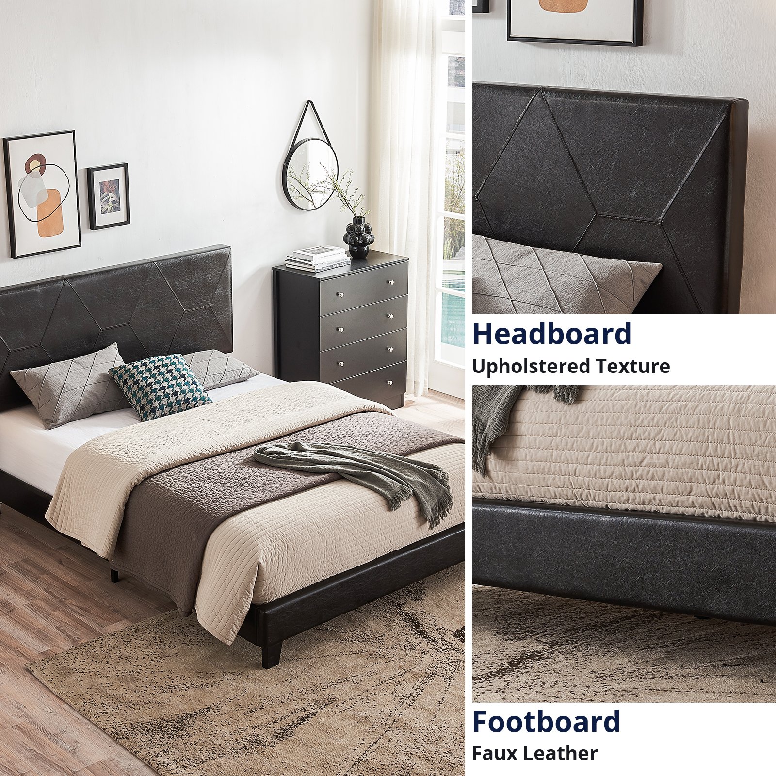 Queen Size Upholstered Platform Bed Frame, Wood Slat Support - Black - Image 4