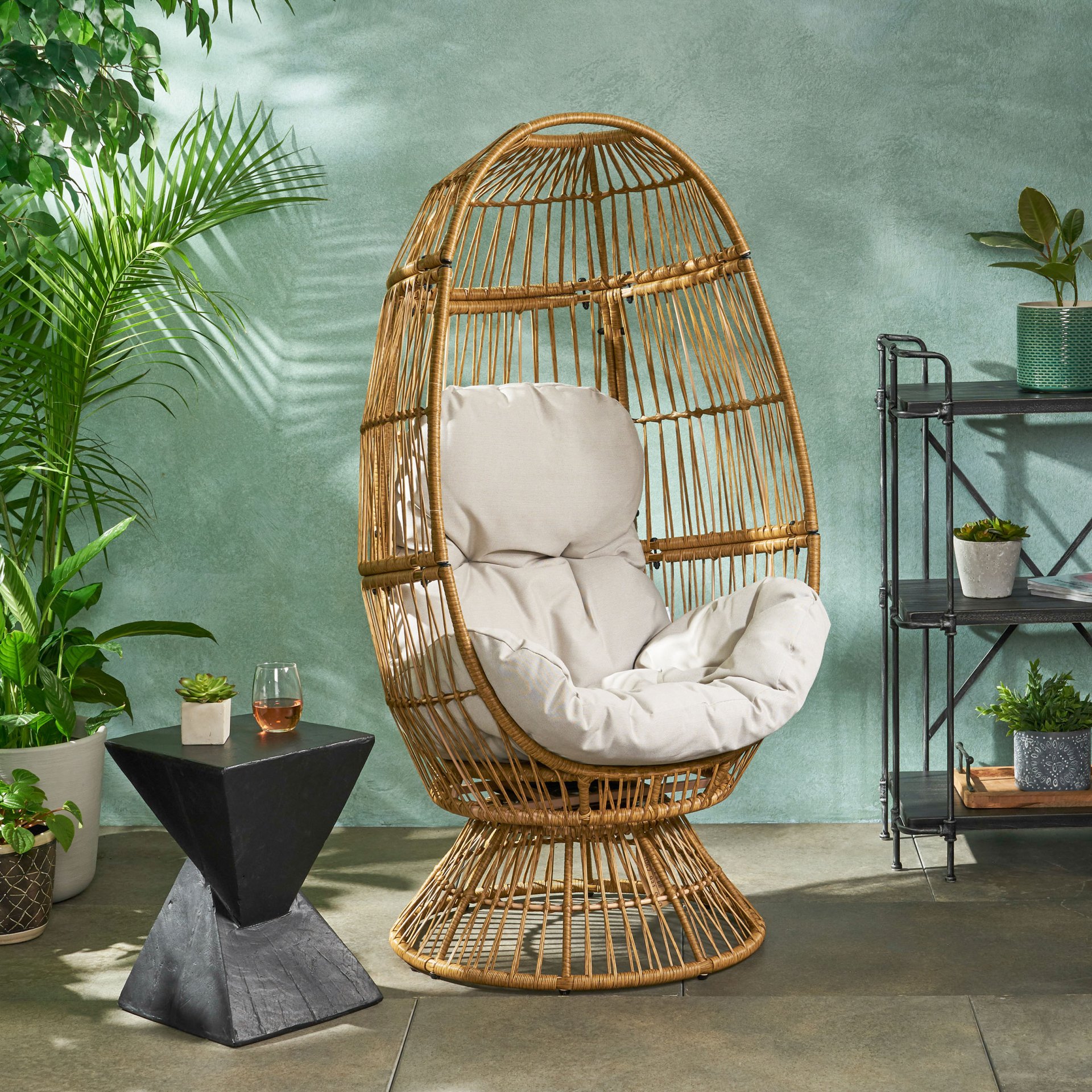 Patio Swivel Basket Egg Chair With Cushion - Natural - Image 2
