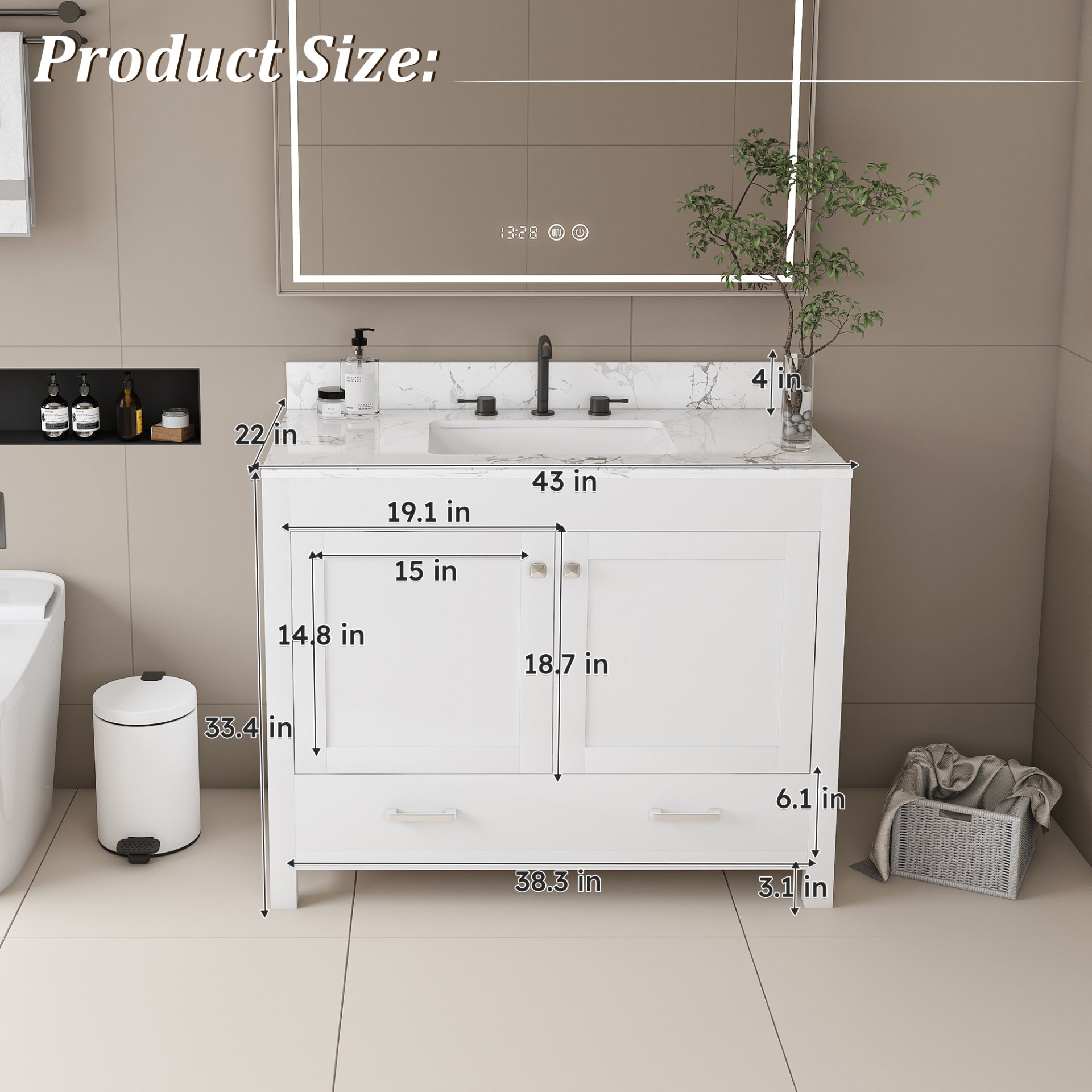 43" Bathroom Vanity With Artificial Marble Carrara Top Set, Multi Functional Bathroom Cabinet With Doors And Drawer - White - Image 8
