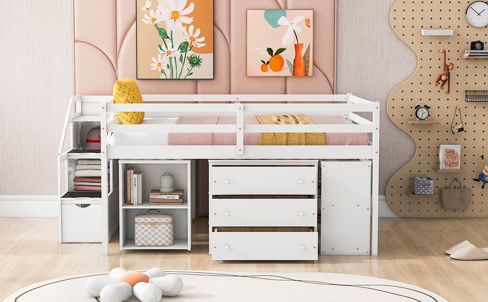 Full Size Loft Bed With Retractable Writing Desk And 3 Drawers With Storage Stairs And Shelves - White - Image 21