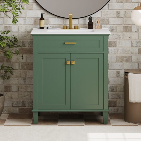 Bathroom Vanity With Ceramic Basin, Soft Close Door And Adjustable Shelves - Green