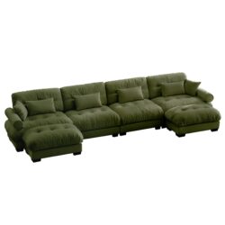 Modern Velvet U Shaped Sectional Sofa Cloud Couch & Movable Ottomans And Bolstered Armrests - Olive Green