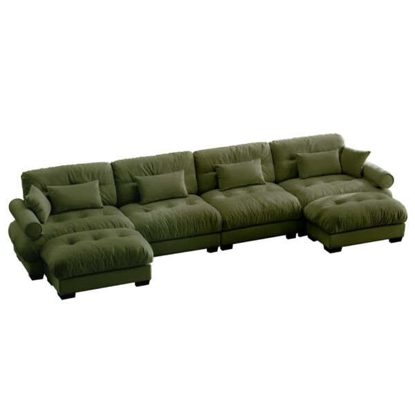 Modern Velvet U Shaped Sectional Sofa Cloud Couch & Movable Ottomans And Bolstered Armrests - Olive Green
