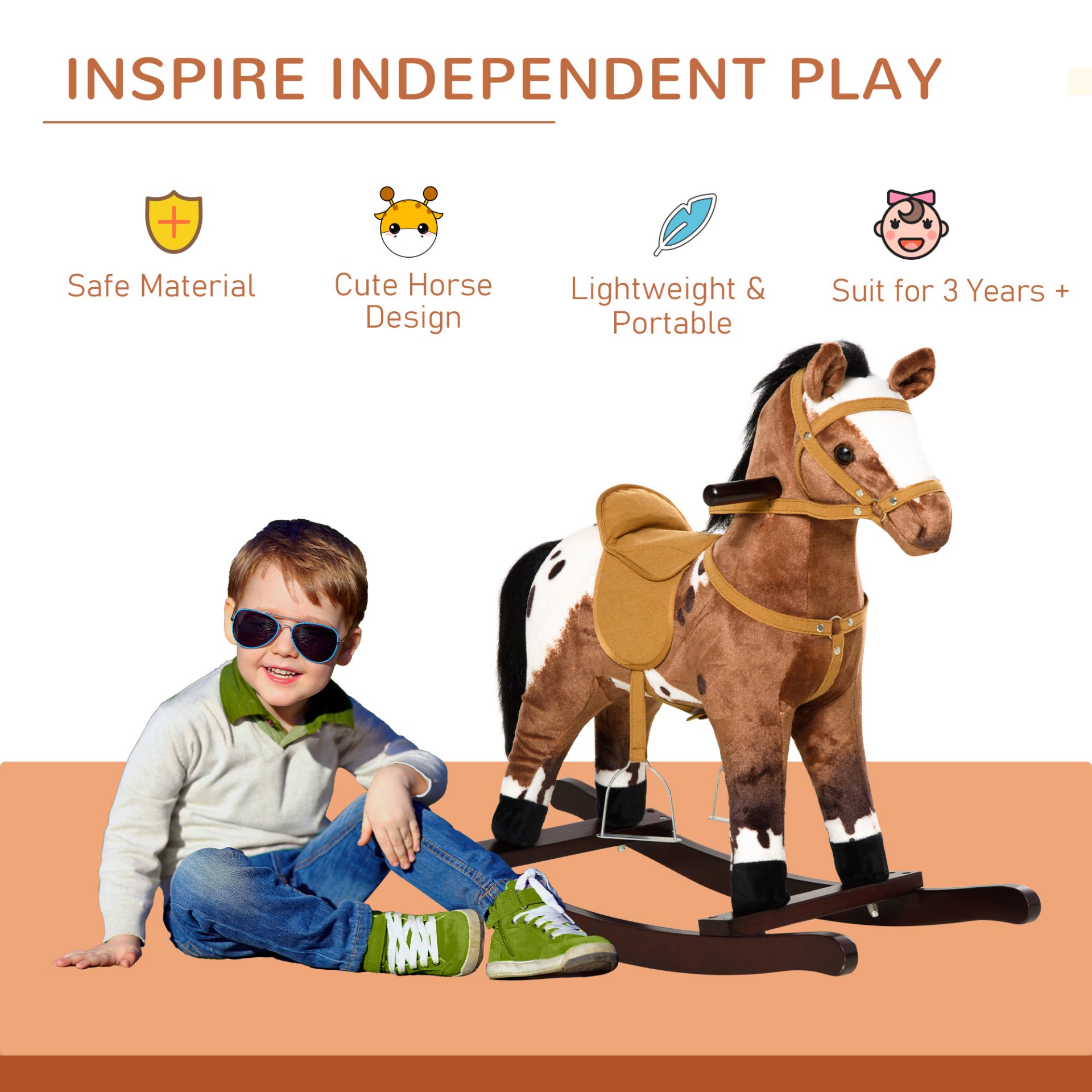 Qaba - Kids Metal Plush Ride-On Rocking Horse Chair Toy With Realistic Sounds - Dark Brown / White - Image 10