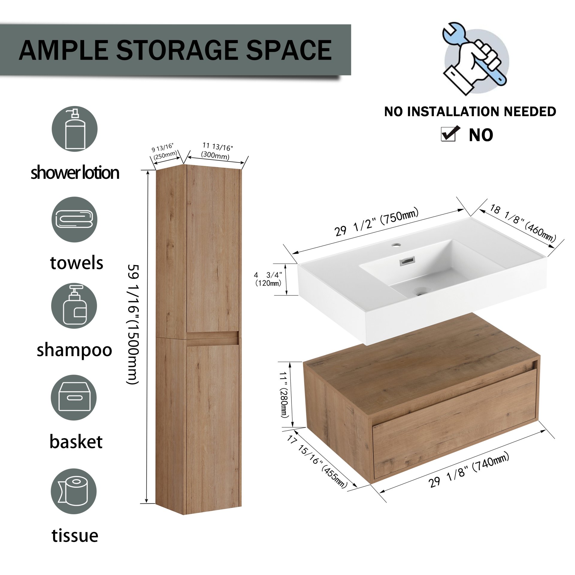 Modern Wall Mounted 30 Inch Bathroom Vanity With Resin Sink And 2 Side Cabinet In Imitative - Imitative Oak - Image 6