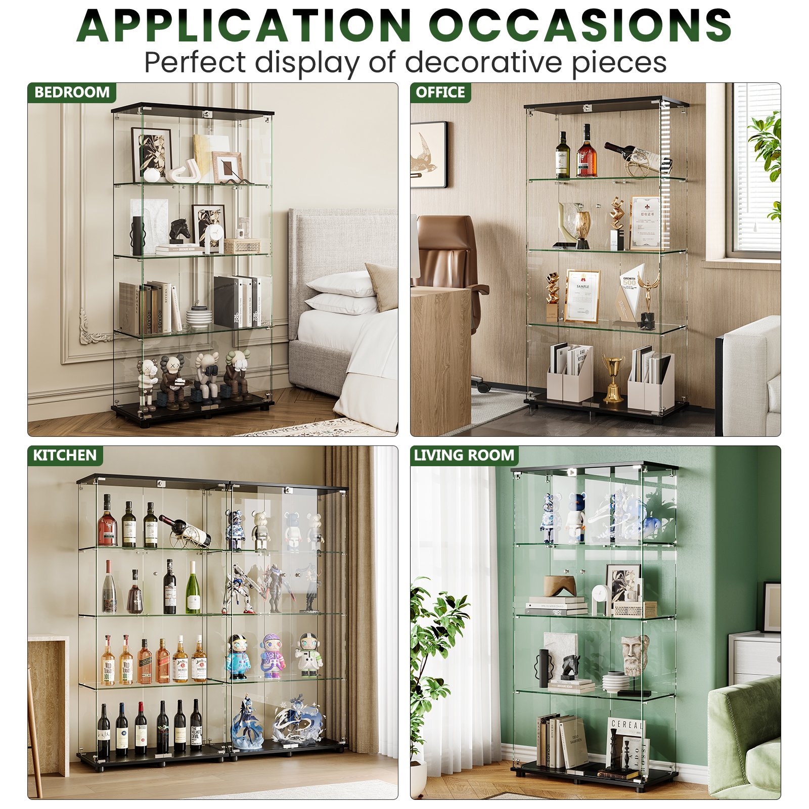 Modern Glass Display Cabinet With 4 Shelf Double Doors And Lock, Tempered Glass Bookshelf For Living Room - Black - Image 6