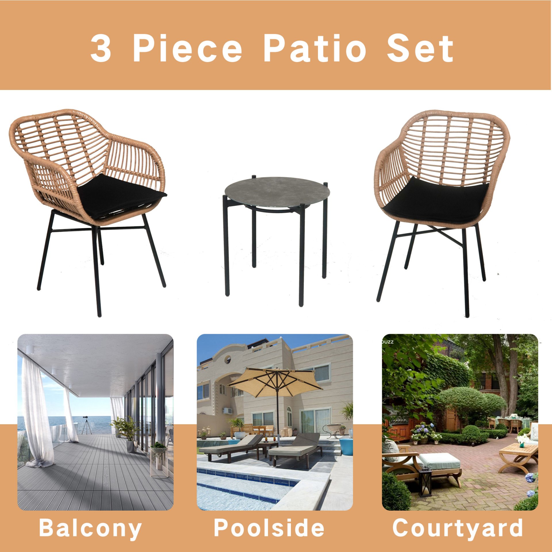 3 Pieces Of Luxury Outdoor Wicker Furniture, Patio Bistro Style Table And Chair Combination, Weather Resistant PE Wicker Weave, Suitable For Garden - Black / Natural - Image 7