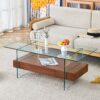 Modern 2 Tier Coffee Table With Drawer Clear Tempered Glass, Multifunctional Storage - Transparent / Wood - Image 4