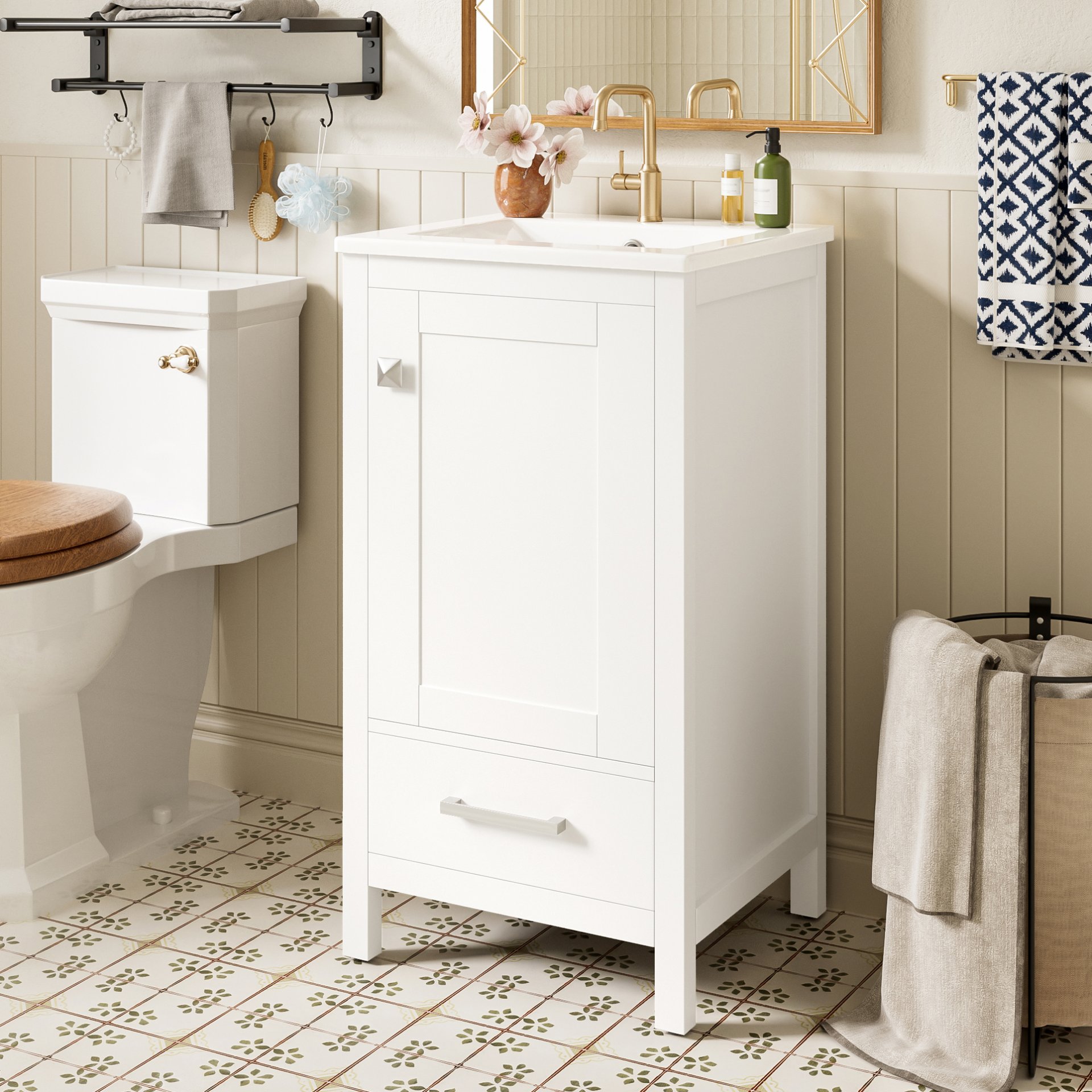 18" Bathroom Vanity With Sink, Soft Close Drawers, Door Organizer, Divider Drawer, Adjustable Foot Pads - White - Image 5