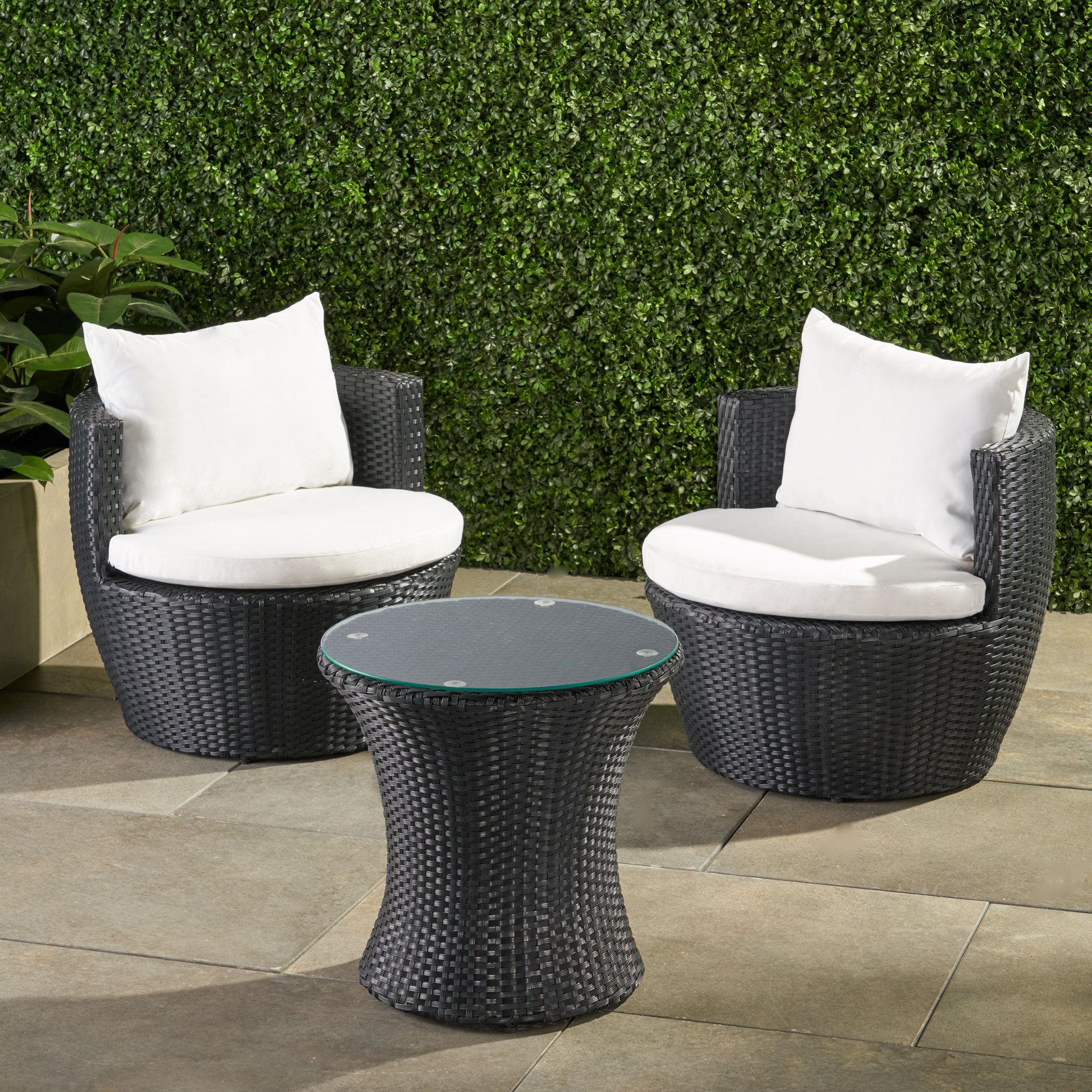 Kono - Outdoor 3 Pieces Chat Set With Cushions And Tempered Glass Tabletop - Black / Ivory - Image 6