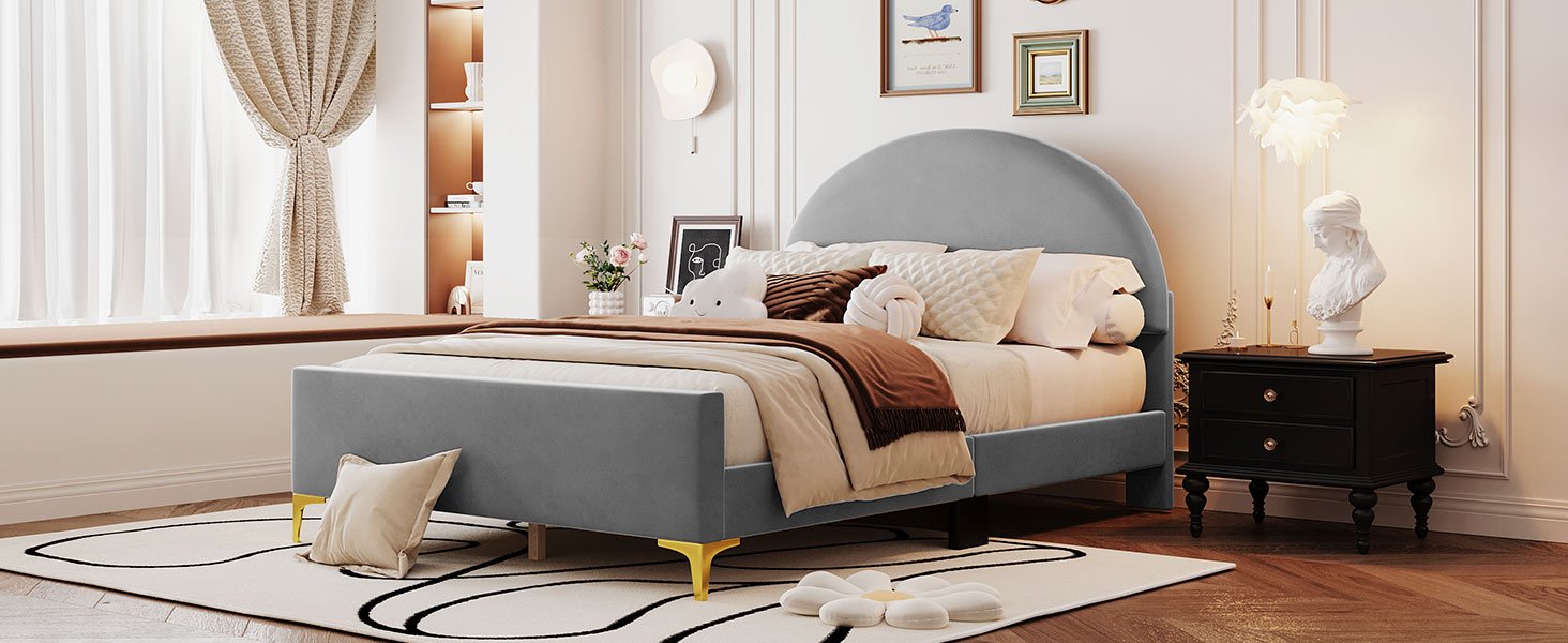 Full Size Upholstered Platform Bed With Classic Semi-Circle Shaped Headboard And Mental Legs - Gray - Image 11