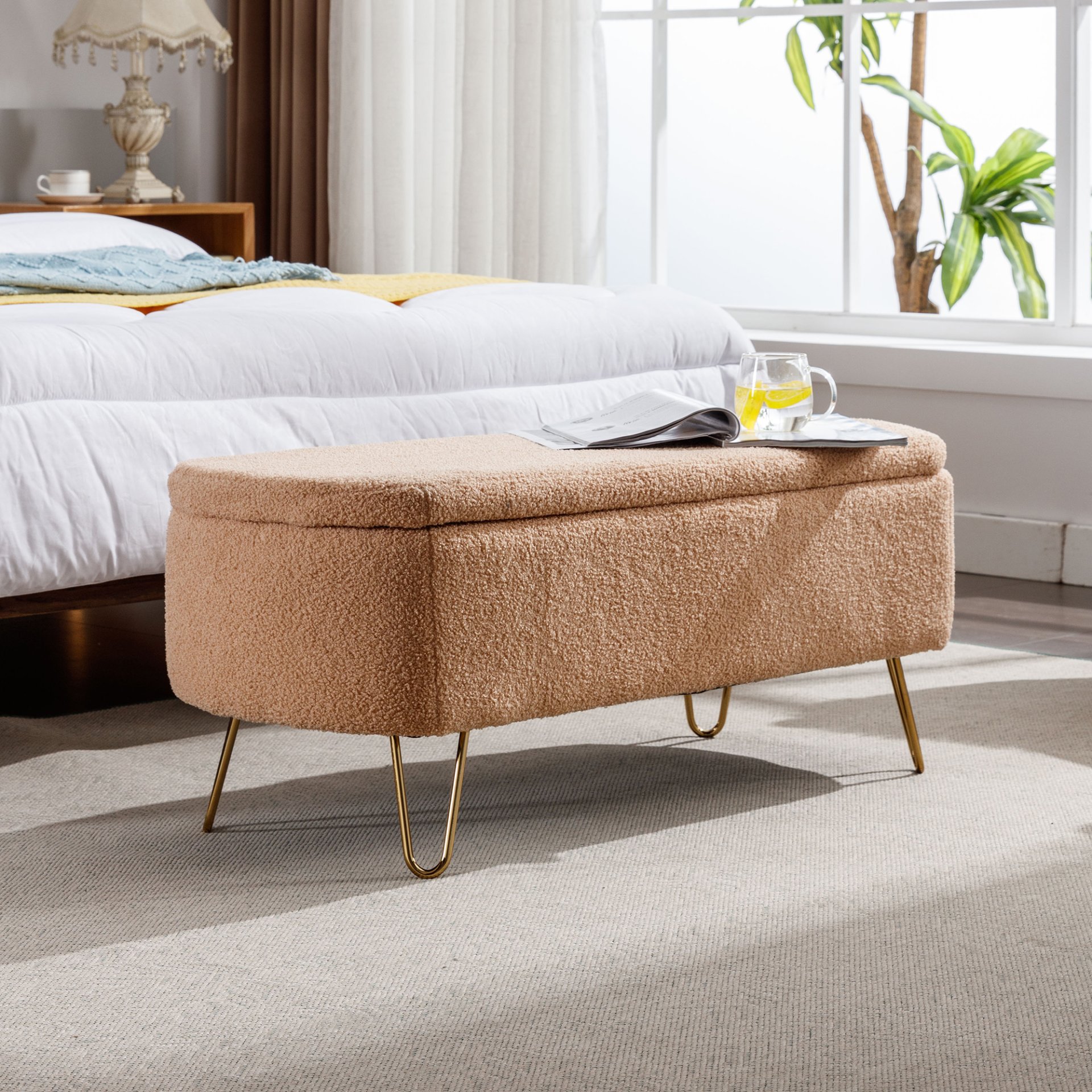 Storage Ottoman Bench For End Of Bed Gold Legs, Modern Camel Faux Fur Entryway Bench Upholstered Padded With Storage For Living Room Bedroom - Camel - Image 2