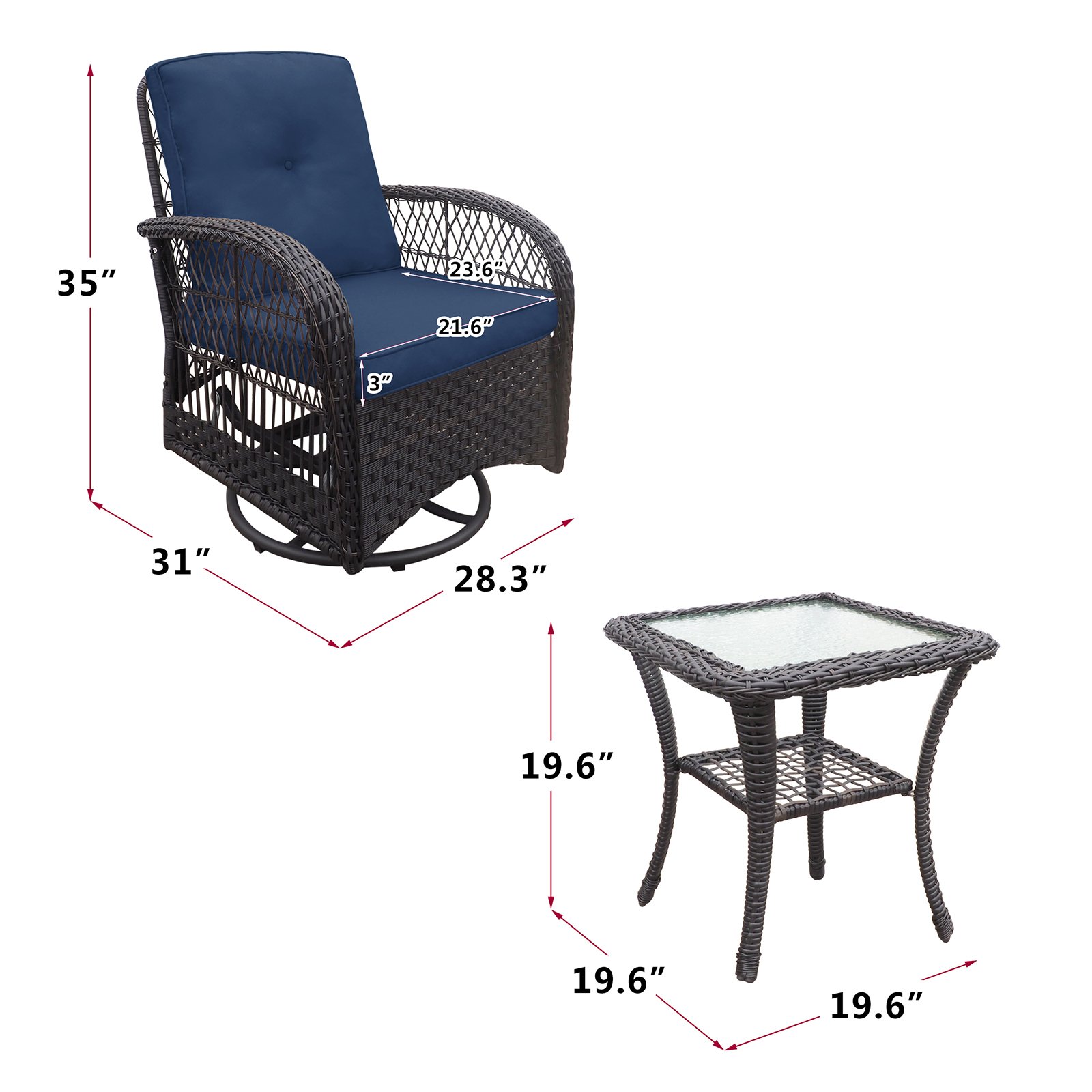 3 Pieces Conversation Set, Outdoor Wicker Rocker Swivel Patio Bistro Set, Rocking Chair With Glass Top Side Table - Navy Blue - Image 4