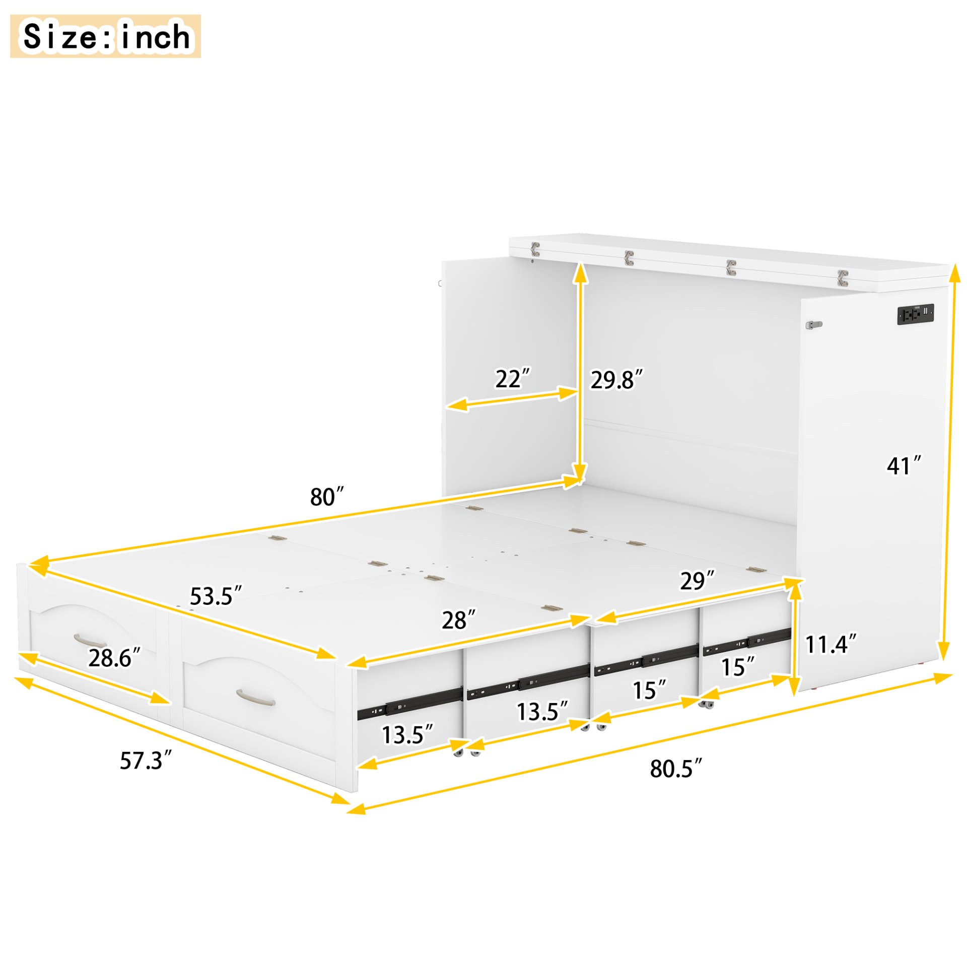 Full Size Murphy Wall Bed With Drawer And A Set Of Sockets & USB Ports, Pulley Structure Design - White - Image 6