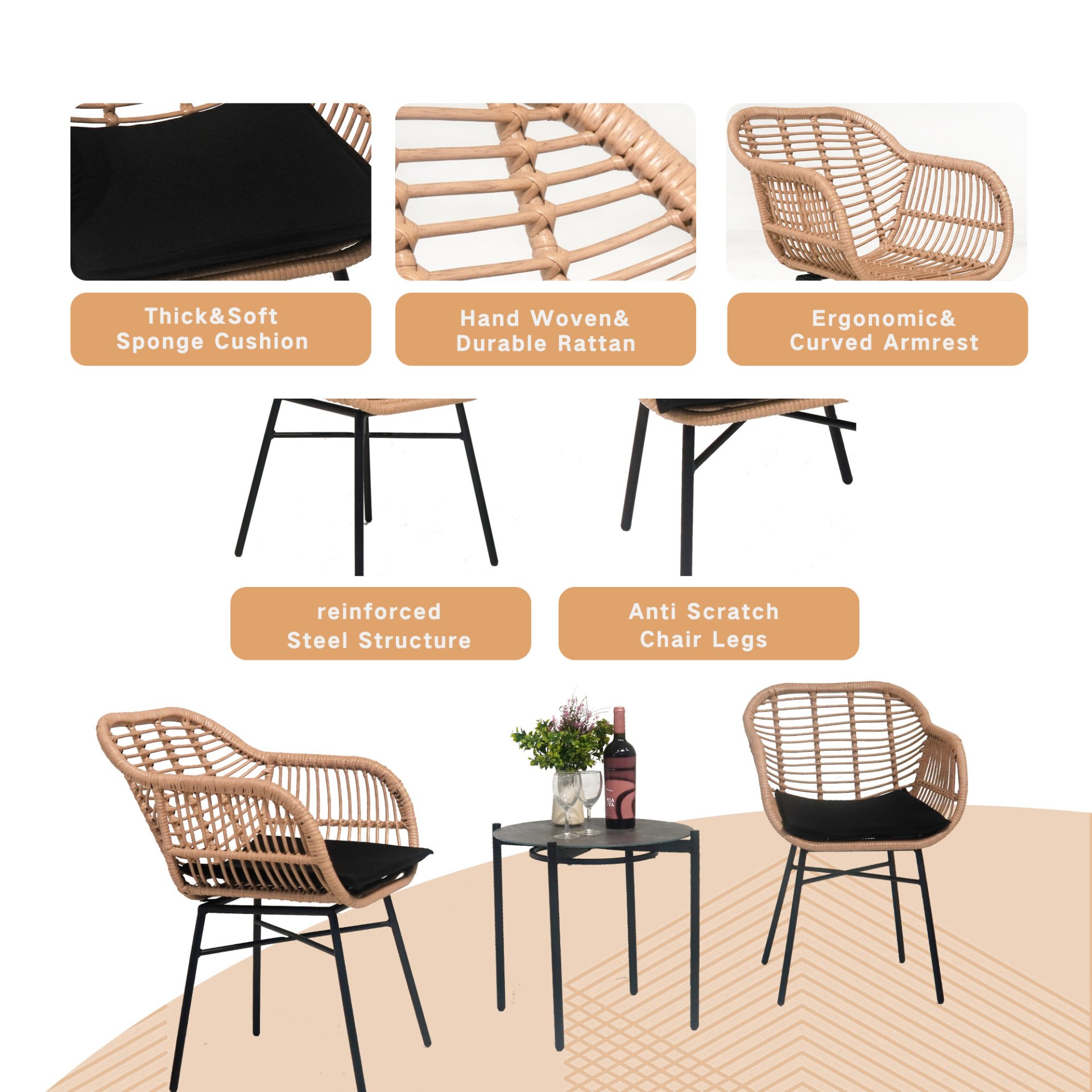3 Pieces Of Luxury Outdoor Wicker Furniture, Patio Bistro Style Table And Chair Combination, Weather Resistant PE Wicker Weave, Suitable For Garden - Black / Natural - Image 5