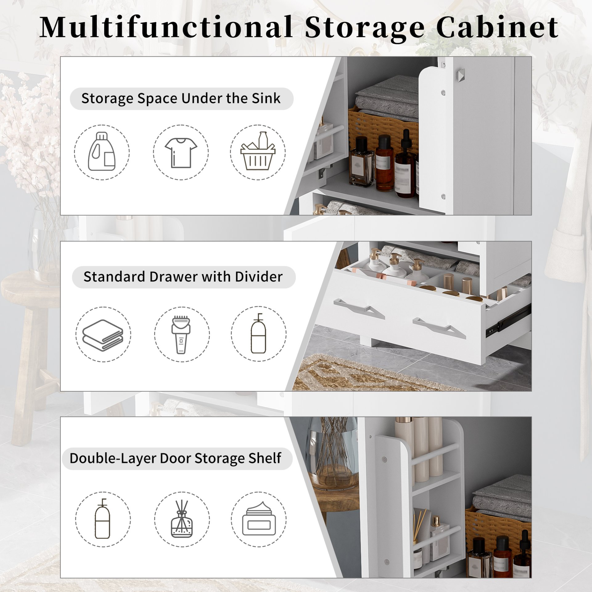 24" Bathroom Vanity With Integrated Undermount Sink, Soft Close Doors, 2 Doors 1 Drawer Storage - White - Image 9