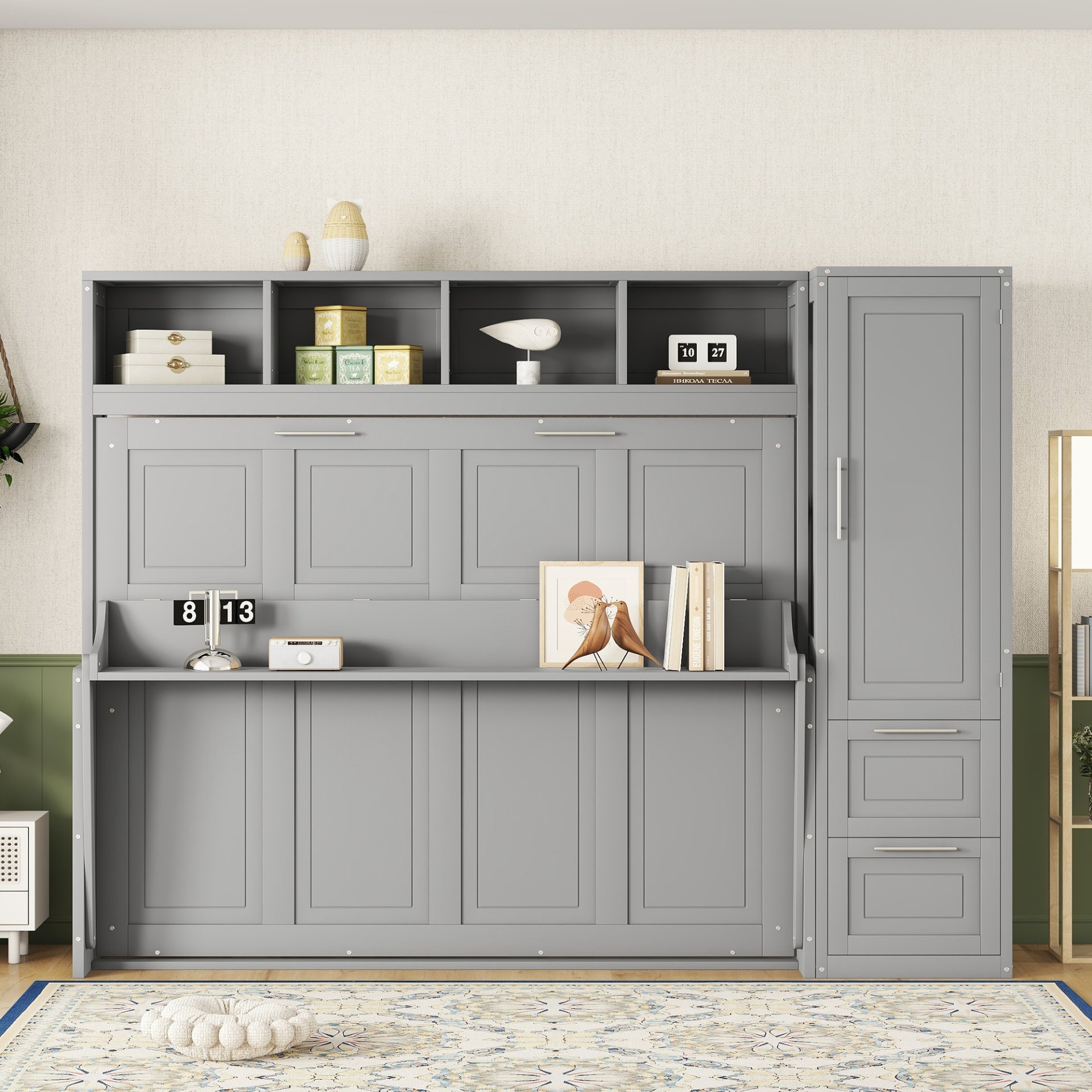 Queen Size Murphy Wall Bed With Closet And Drawers - Gray - Image 2