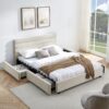 Modern Queen Size Cushioned Bed Frame With Headboard And Storage Drawers Foam Upholstery - Beige - Image 2