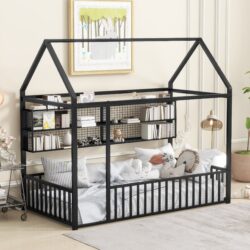 Twin Size Bed House Frame With Fence And Shelves - Black