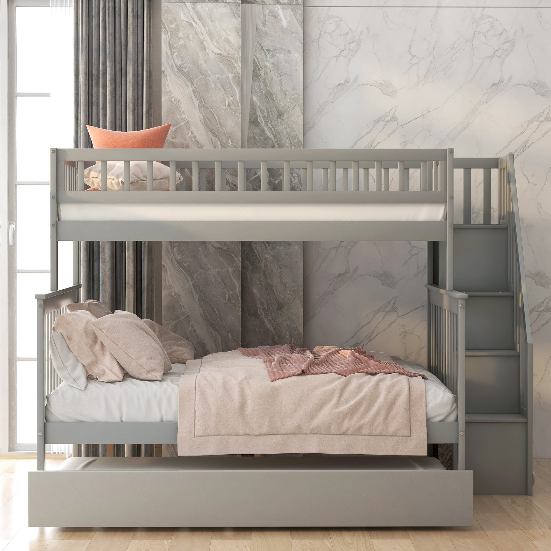 Twin Over Full Bunk Bed With Trundle And Staircase - Gray - Image 4