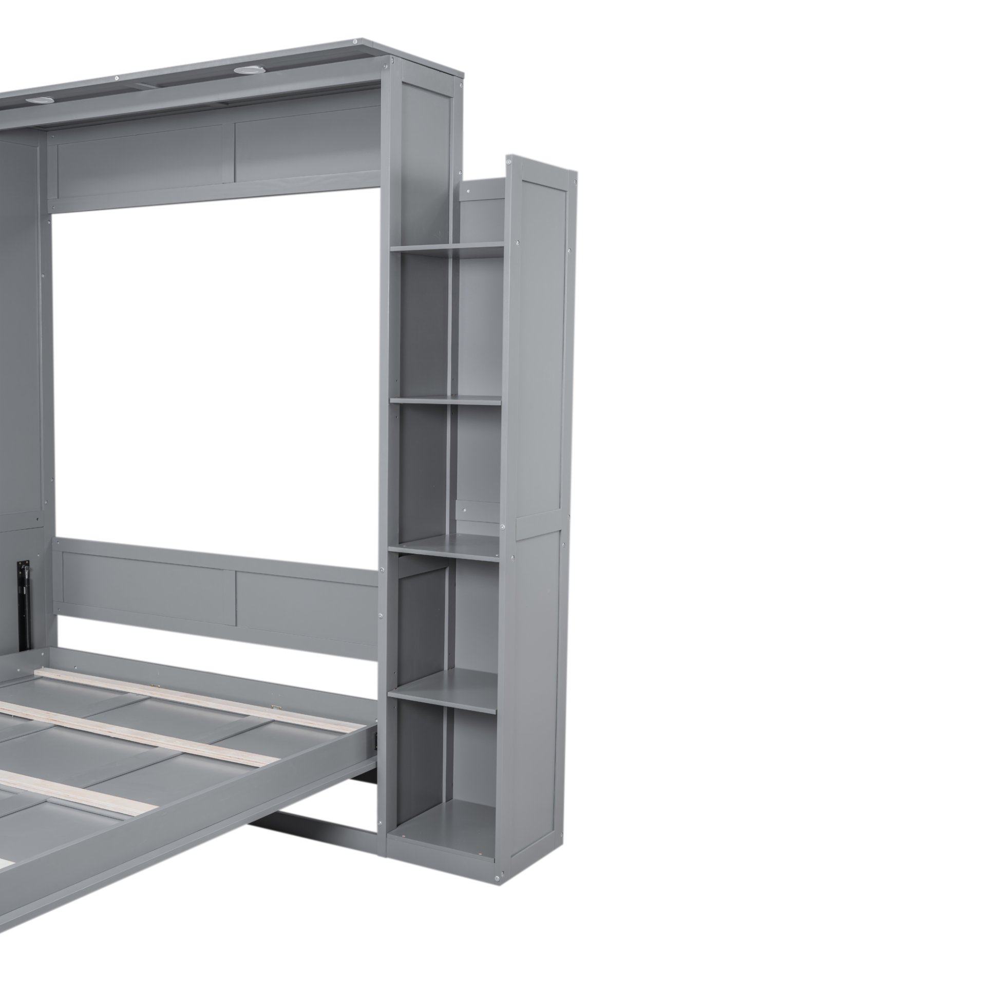 Queen Size Murphy Wall Bed With Shelves And LED Lights - Gray - Image 15