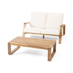 Paloma - Loveseat And Coffee Table Set With Adirondack Design Acacia Wood And Waterproof Fabric - Teak / Beige