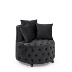 Modern Velvet Upholstered Swivel Chair With Button Tufted Design Movable Wheels 3 Pillows - Black