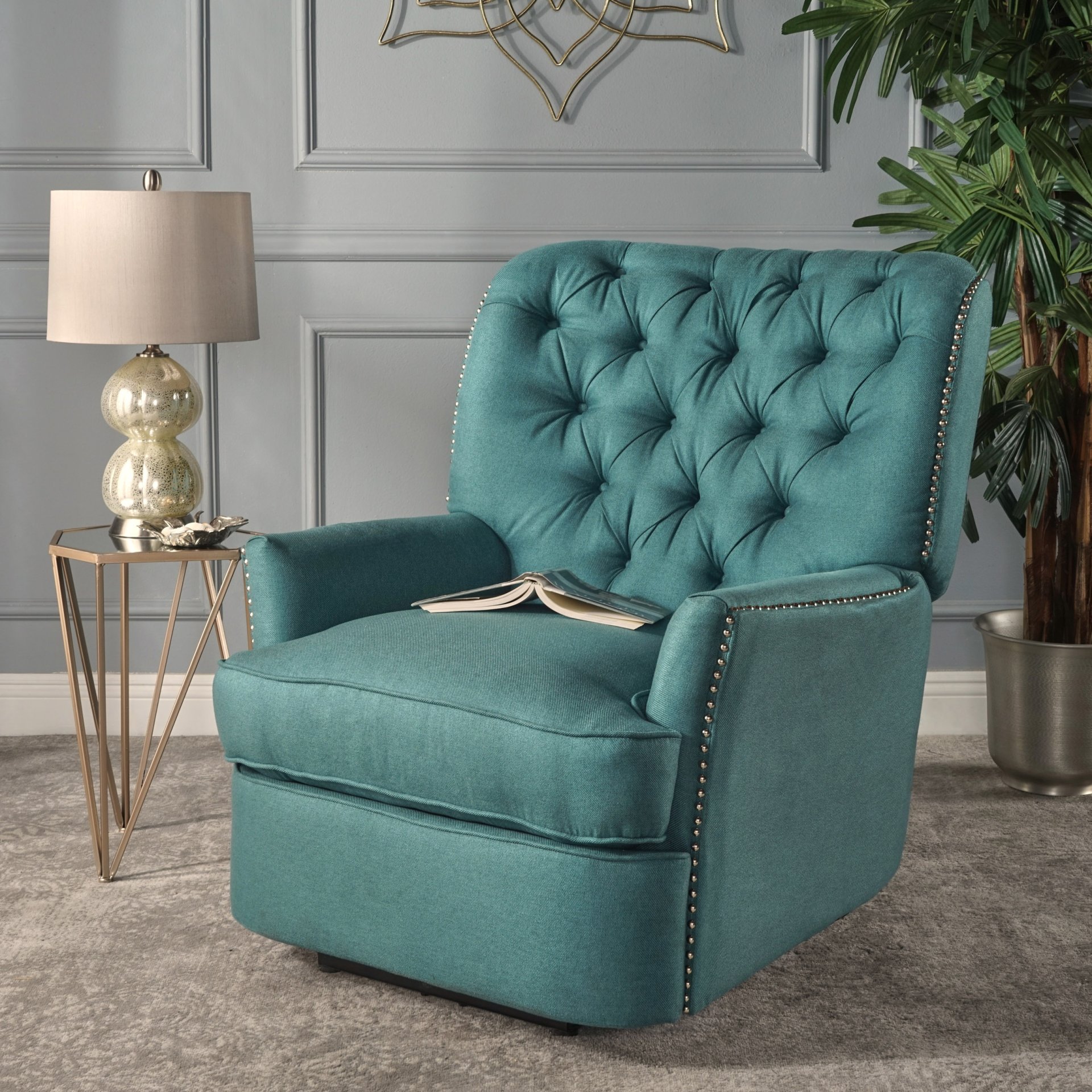 Electric Recliner Chair With Elegant Copper Accents And Soft Upholstery - Teal - Image 9