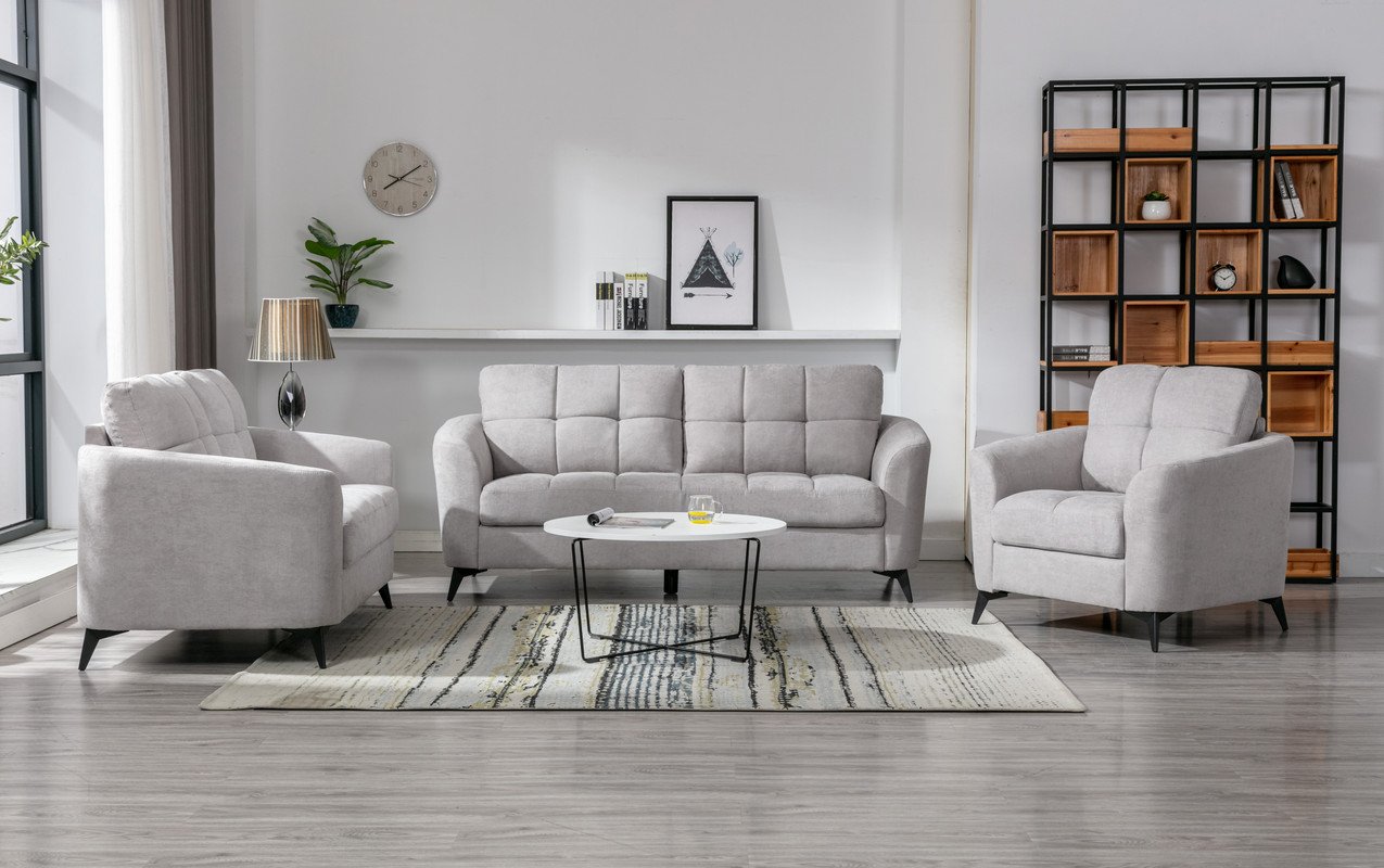 Callie - Woven Fabric Living Room Sofa, Loveseat, Chair (Set of 3) - Light Gray - Image 3