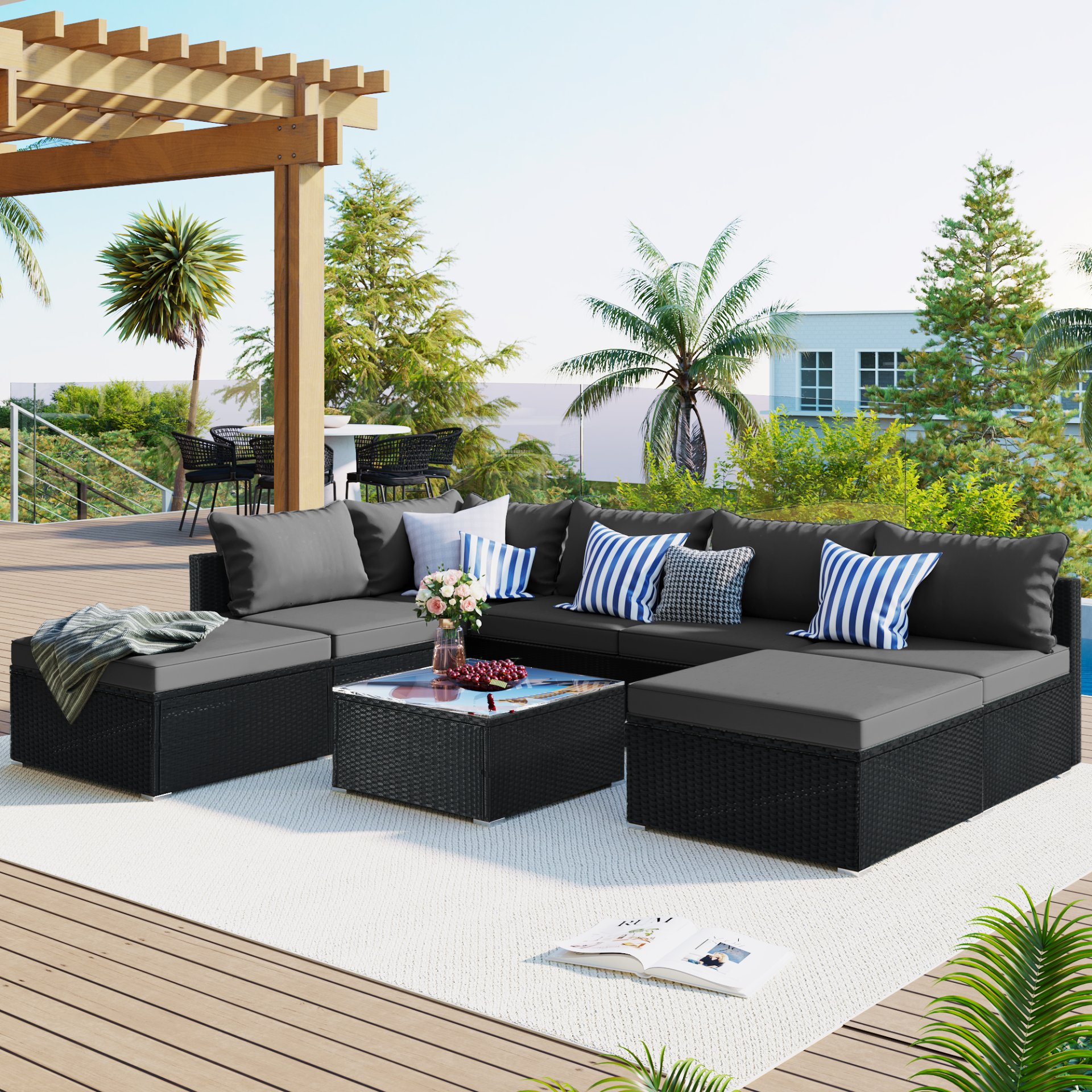 8 Pieces Outdoor Patio Furniture Sets, Garden Conversation Wicker Sofa Set, Single Sofa Combinable - Gray / Black - Image 4